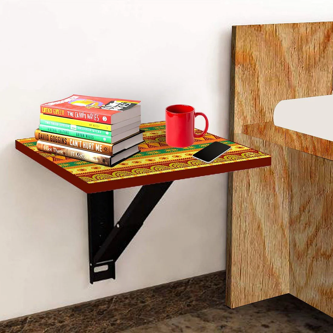 Floating Bedside Table for Bedroom - Aztec Orange Yellow Pattern - Image 3
