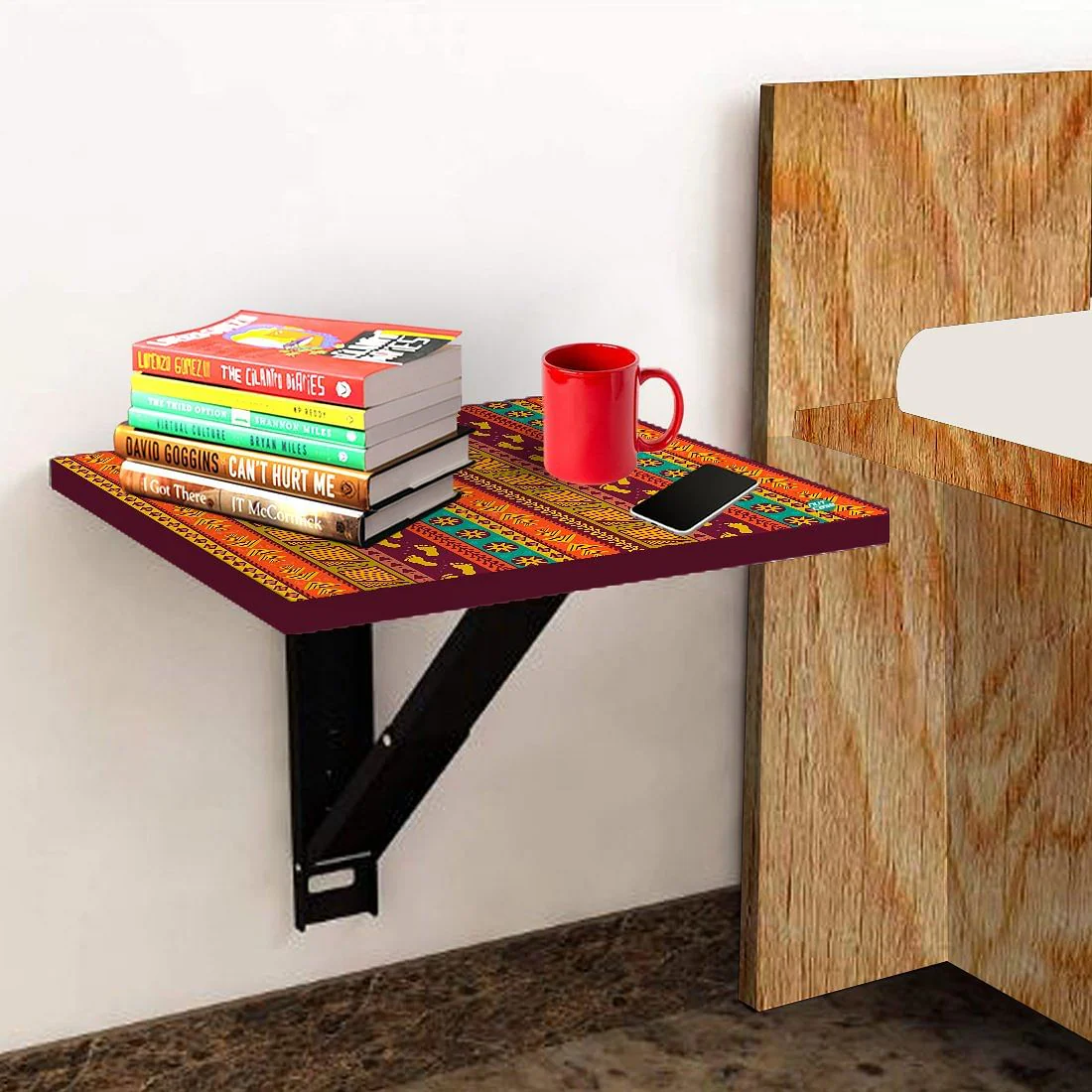Floating Bedside Laptop Table for Bedroom - Aztec Orange Green Pattern - Image 3