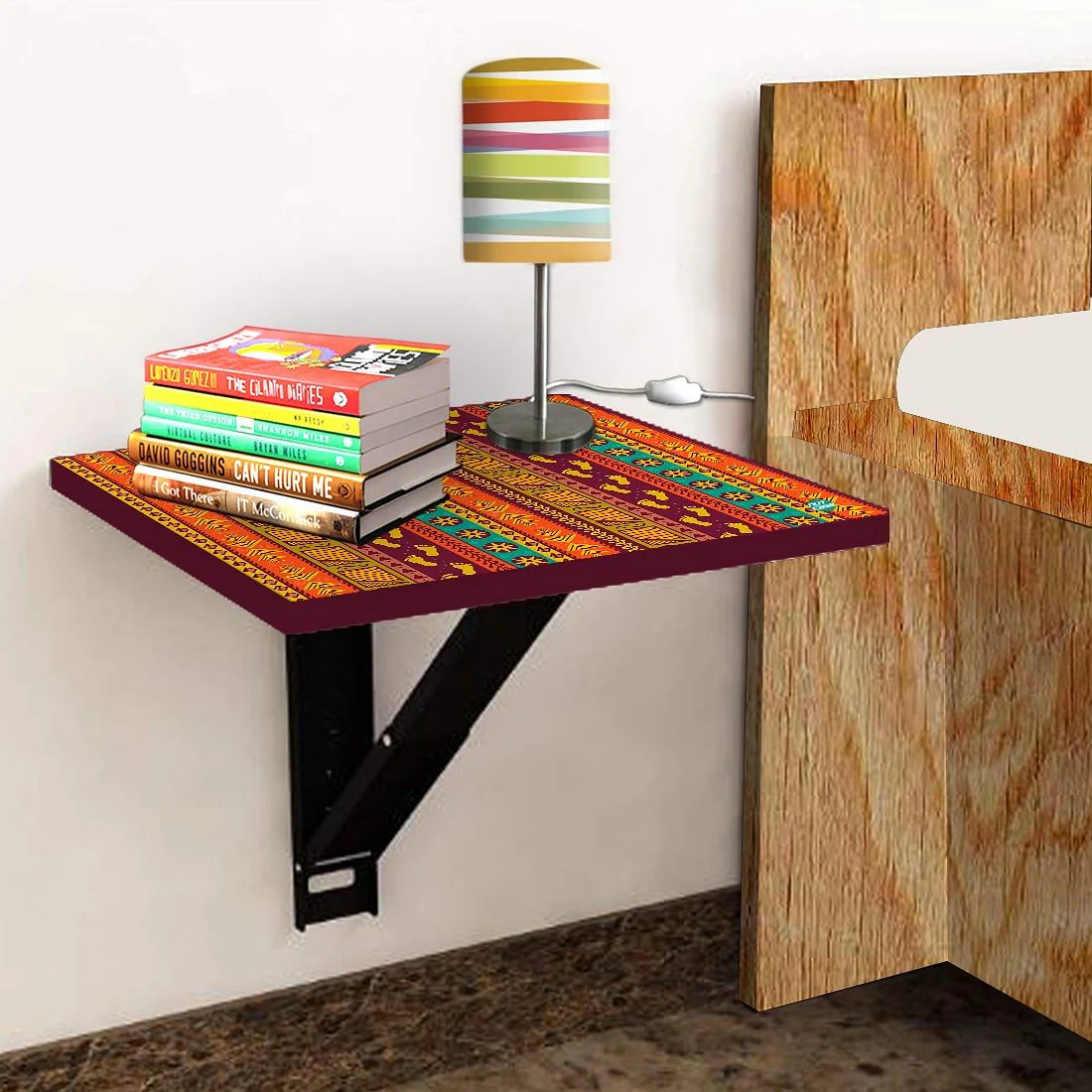 Floating Bedside Laptop Table for Bedroom - Aztec Orange Green Pattern - Image 4