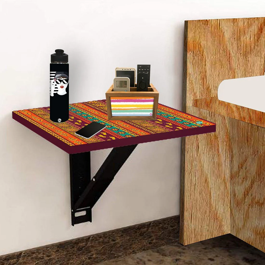 Floating Bedside Laptop Table for Bedroom - Aztec Orange Green Pattern - Image 5