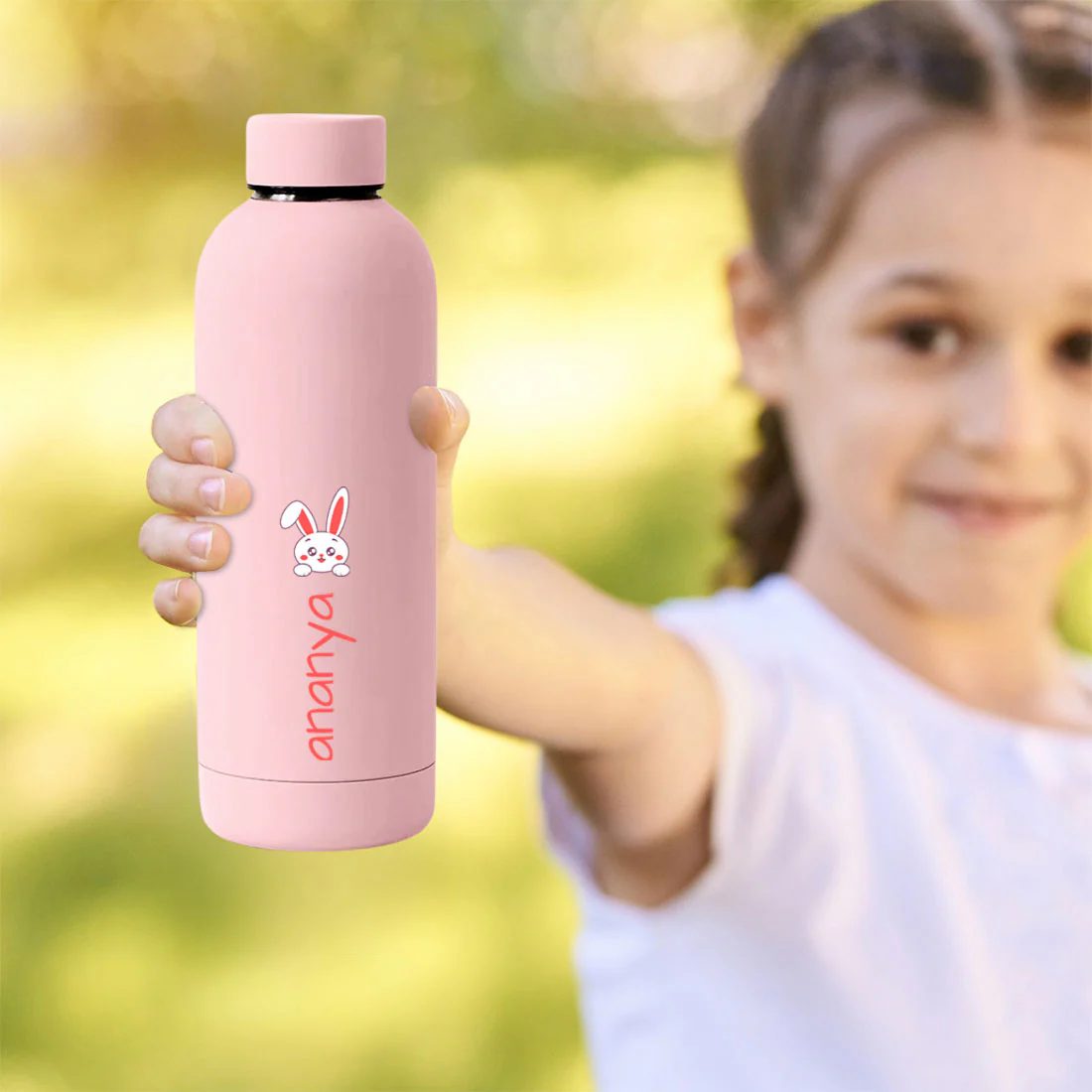Childrens Personalised Water Bottle with Name-Double Insulated Bottle for Travel, Shool, Home - BPA Free, Leakproof - Rabbit Design