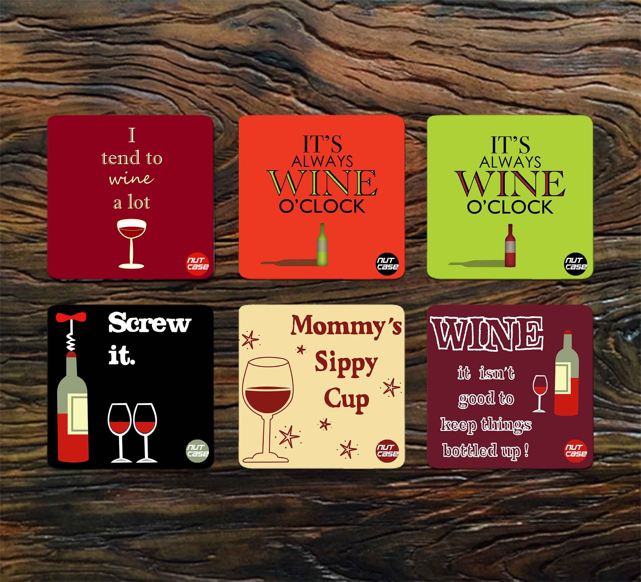 Metal Coaster Set for Home Kitchen Office Desk Pack of 6 - Wine O'Clock