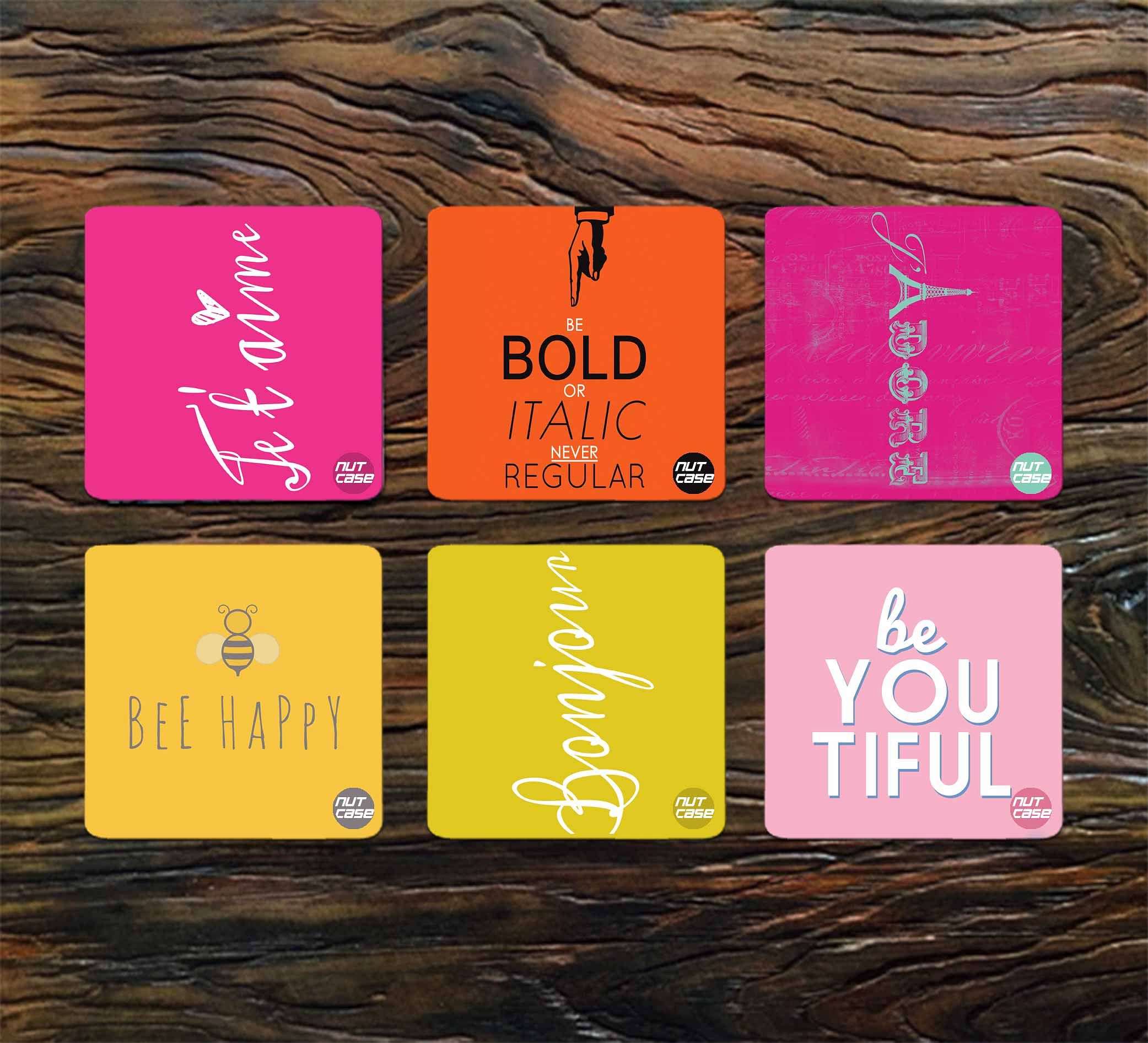 Metal Coasters Pack of 6 for Tea Cups & Coffee Mugs - Be Happy