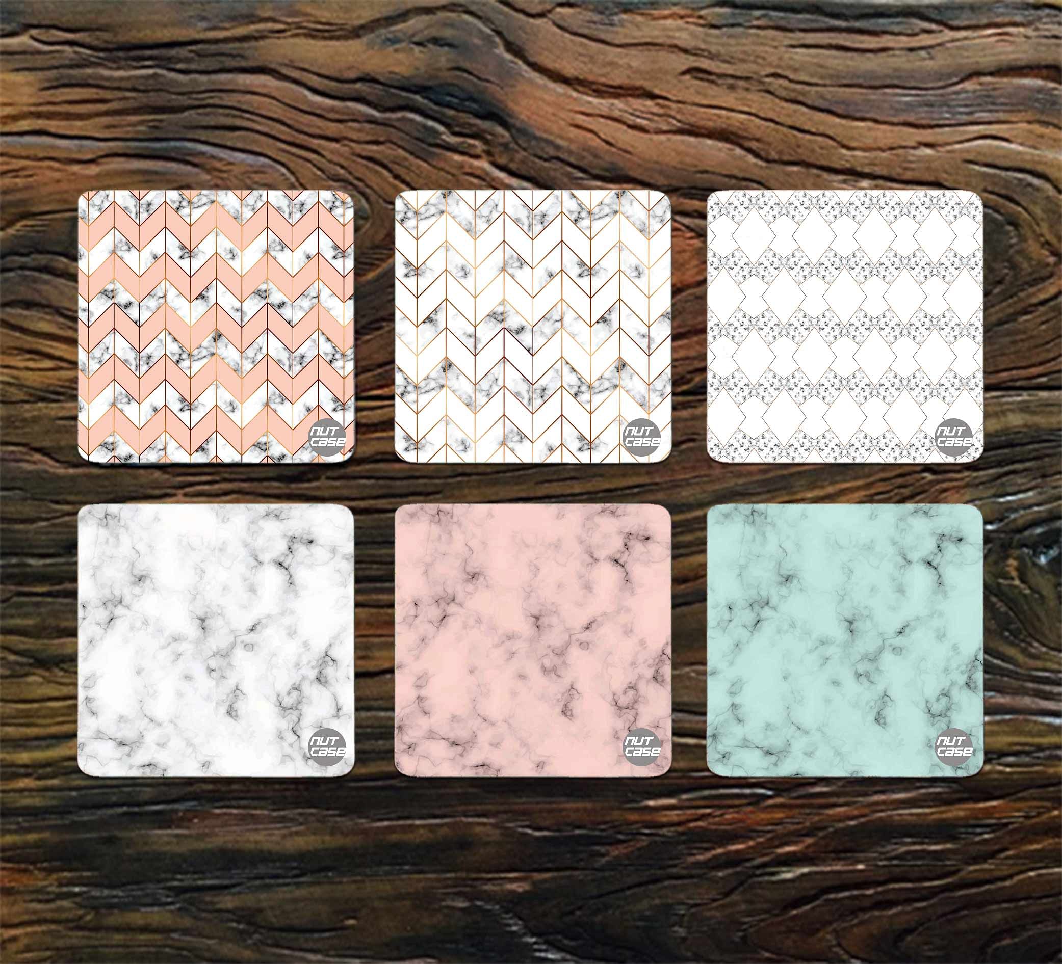 Metal Designer Coasters Pack of 6 for Office Desk - Marble Pastel