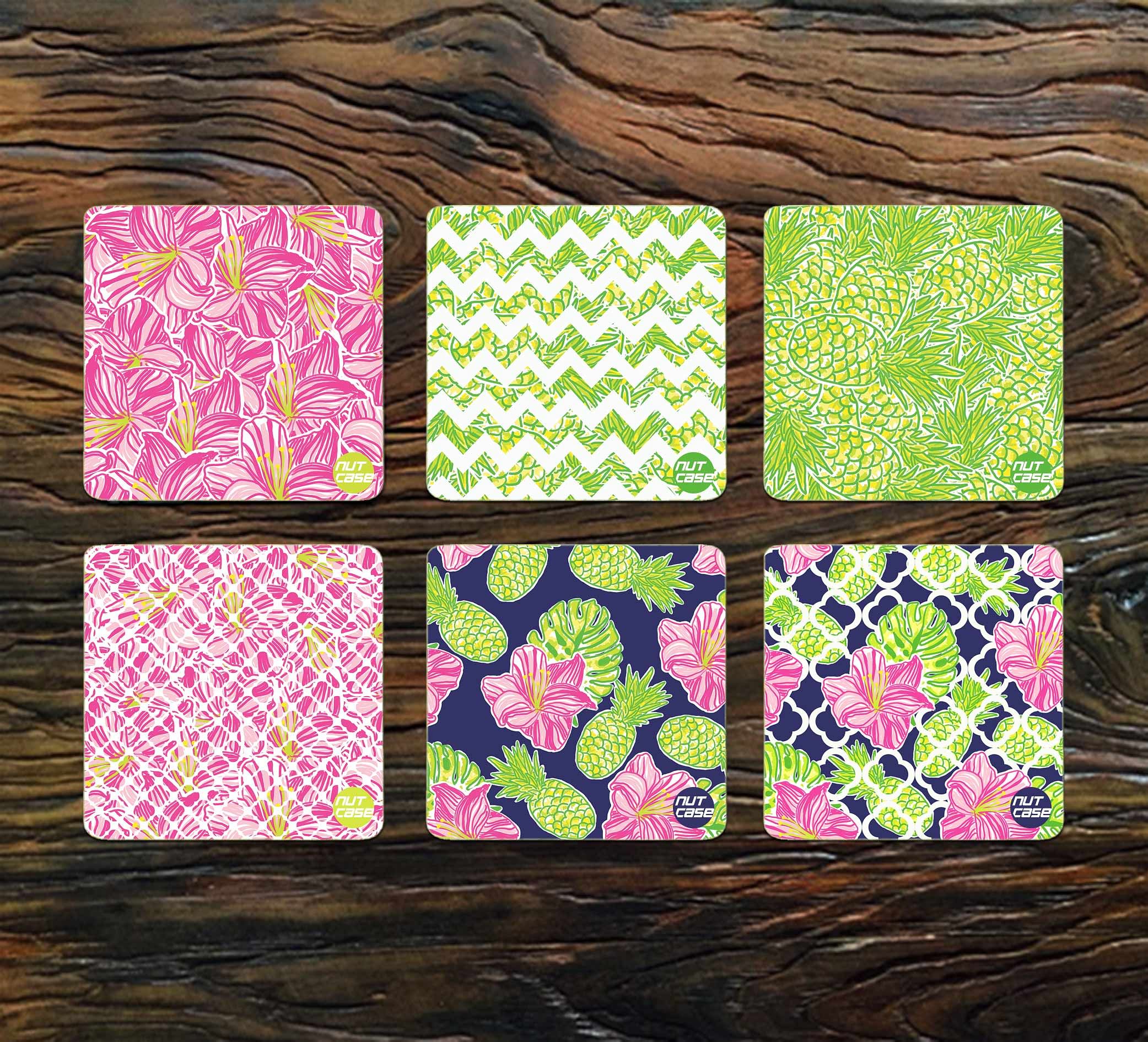 Metal Printed Coasters Pack of 6 for Home & Office Use - Pineapples