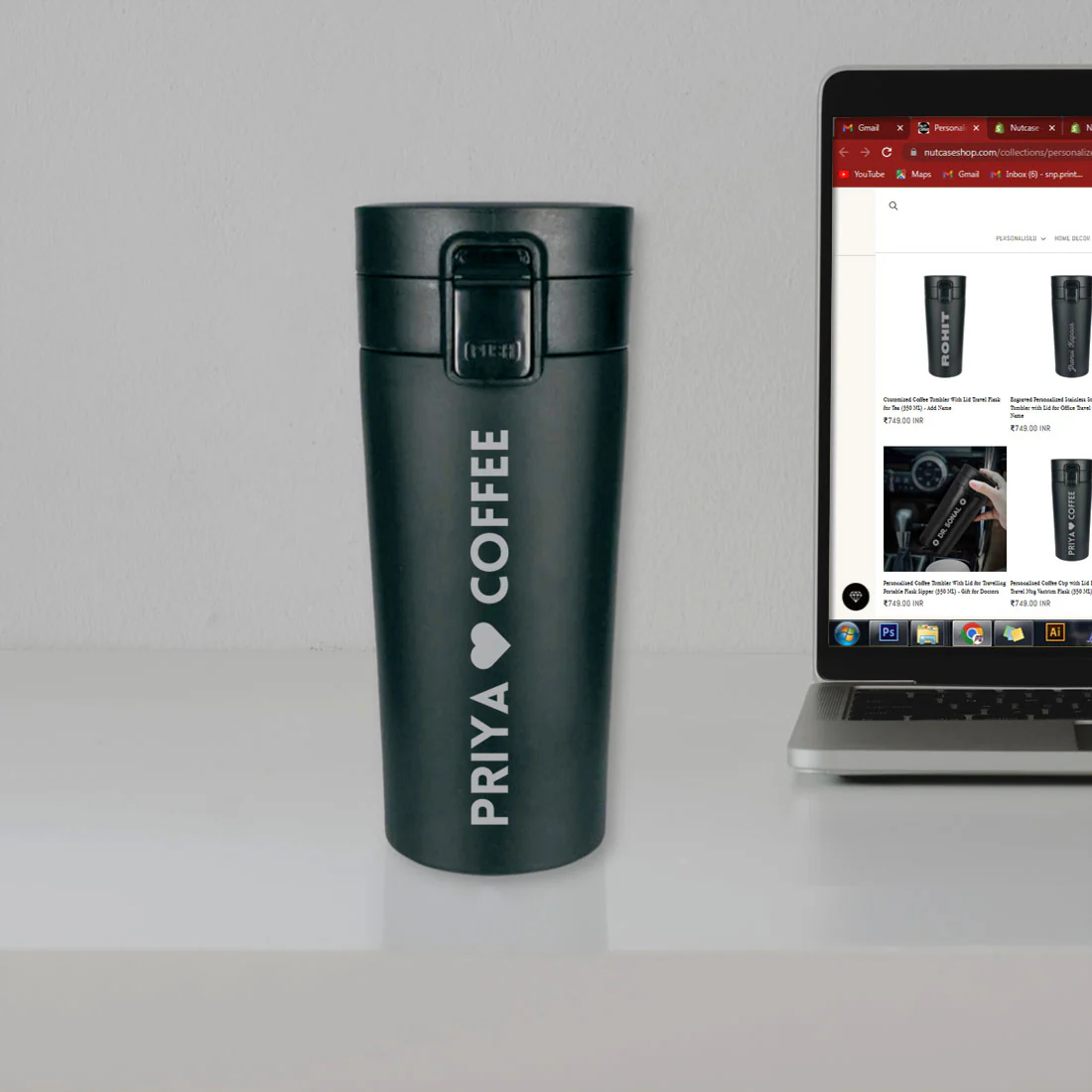 Personalised Coffee Cup with Lid Engraved Custom Travel Mug Vacuum Flask (380 ML) - Heart - Image 2