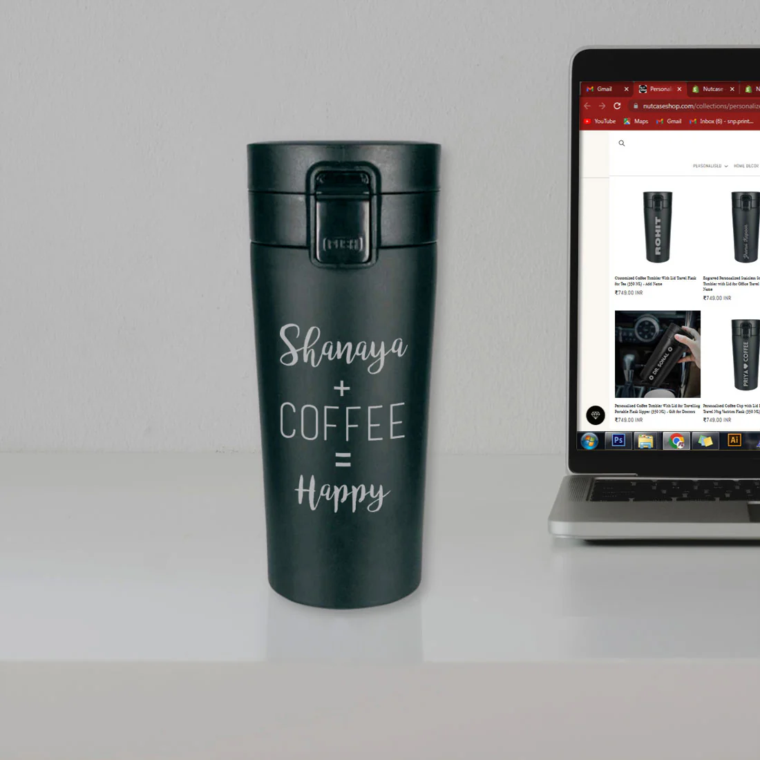 Engraved Personalized Coffee Tumbler Steel With Lid for Office Travel College - Happy