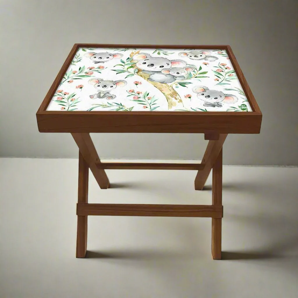 Designer Teak Wood Side Table Folding Wooden Bedside Coffee Outdoor Picnic Table - Cute Koala
