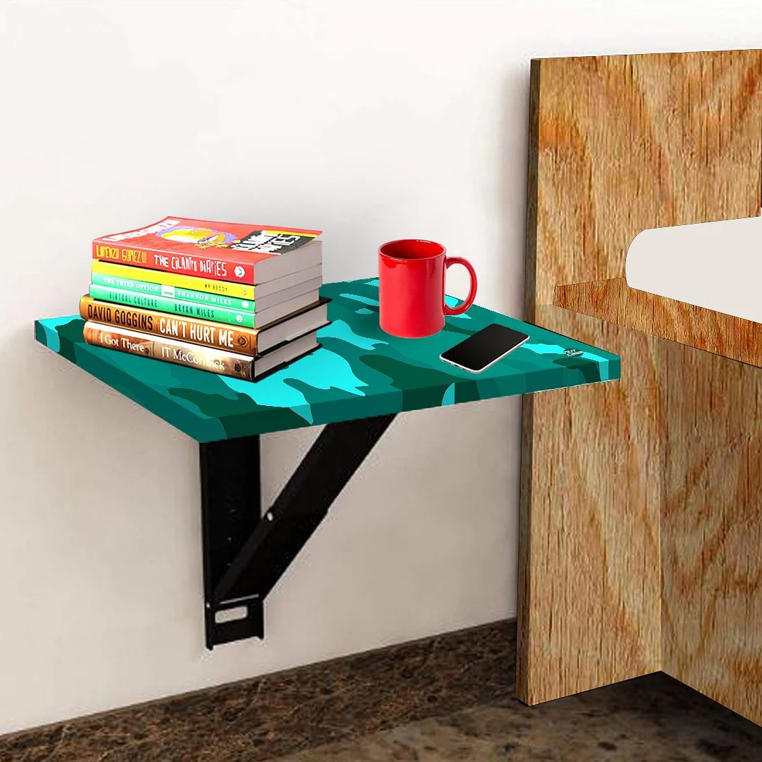 Folding Wall Hanging Bedside Table - Army Camouflage Green - Image 3