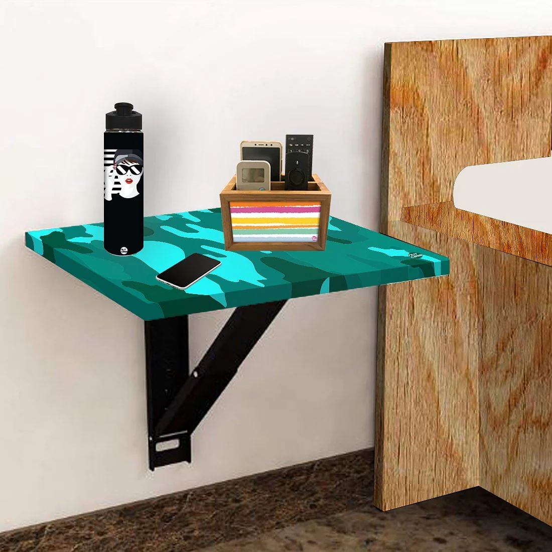 Folding Wall Hanging Bedside Table - Army Camouflage Green - Image 5