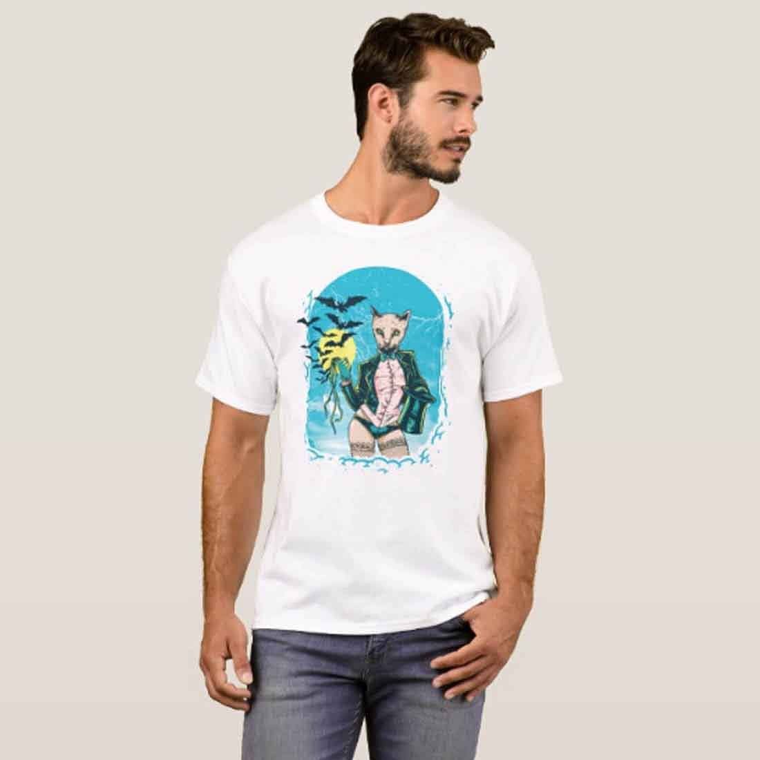 Nutcase Designer Round Neck Men's T-Shirt Wrinkle-Free Poly Cotton Tees - Hipster Cat - Image 3