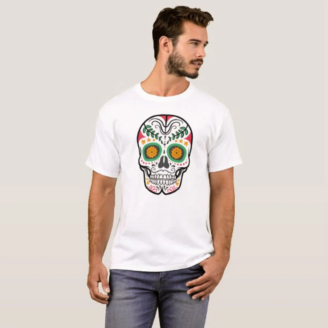 Nutcase Designer Round Neck Men's T-Shirt Wrinkle-Free Poly Cotton Tees - Colorful Skull - Image 3