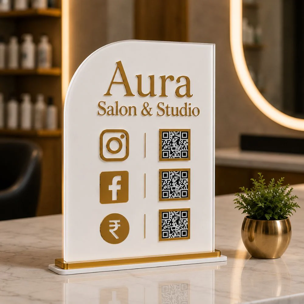 Custom Acrylic Business Desk Display Stand | Countertop UPI Gpay Social Media QR Code Sign - Image 3