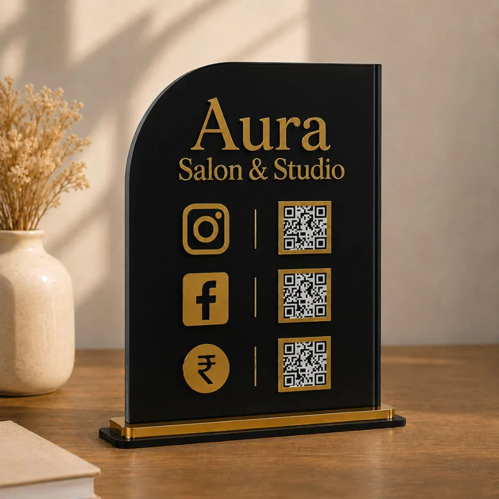Custom Acrylic Business Desk Display Stand | Countertop UPI Gpay Social Media QR Code Sign - Image 4
