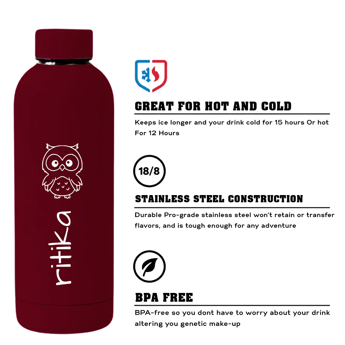 Custom Childrens Metal Water Bottle with Owl – Keeps Drinks Hot & Cold, Double Insulated, BPA-Free, Leakproof for School, Travel & Home - Image 11