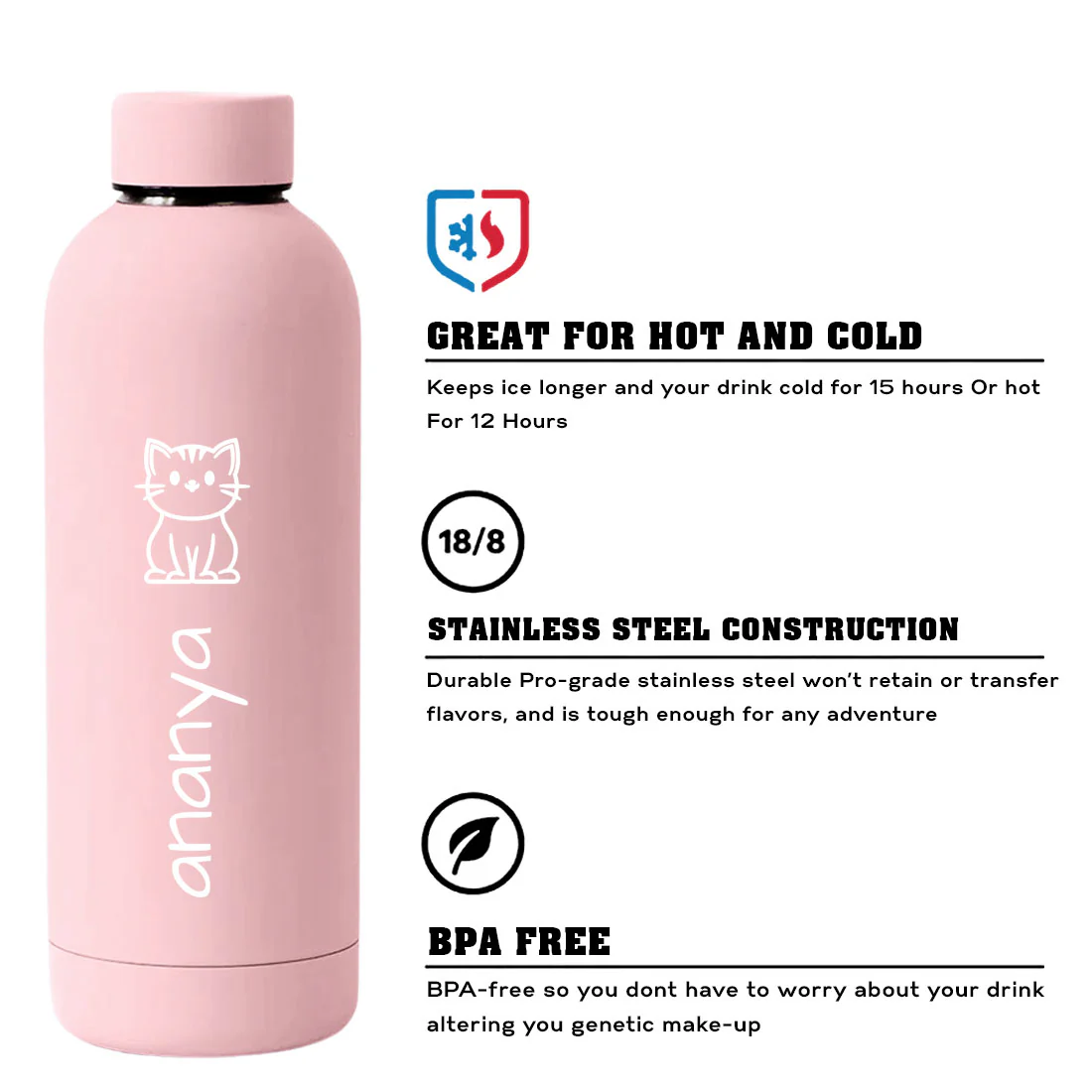 Nutcase Custom Children's Water Bottle with Cat Design – 500ml Stainless Steel, Double Insulated, BPA-Free, Leakproof, Keeps Drinks Hot & Cold for Hours - Image 7