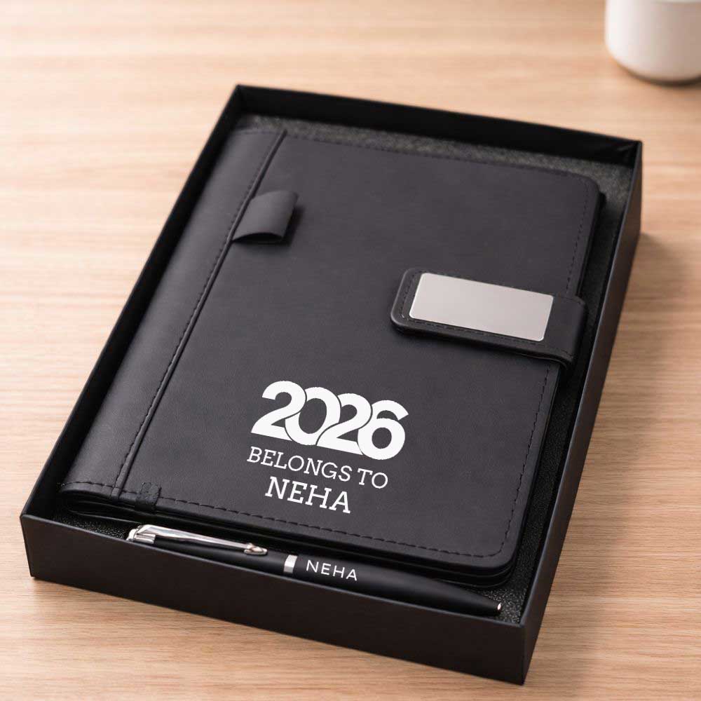 Custom Diary with Matching Engraved Pen | Premium Leatherette Diary with Name Black Gift Box - Image 12