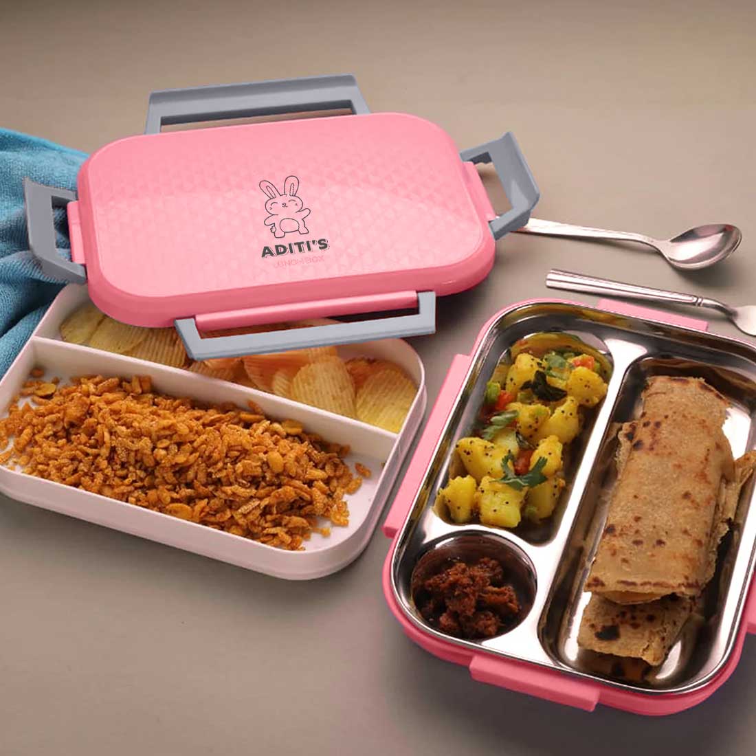 Custom Lunch Box with Name - Pink Stainless Steel Tiffin Box - Image 3