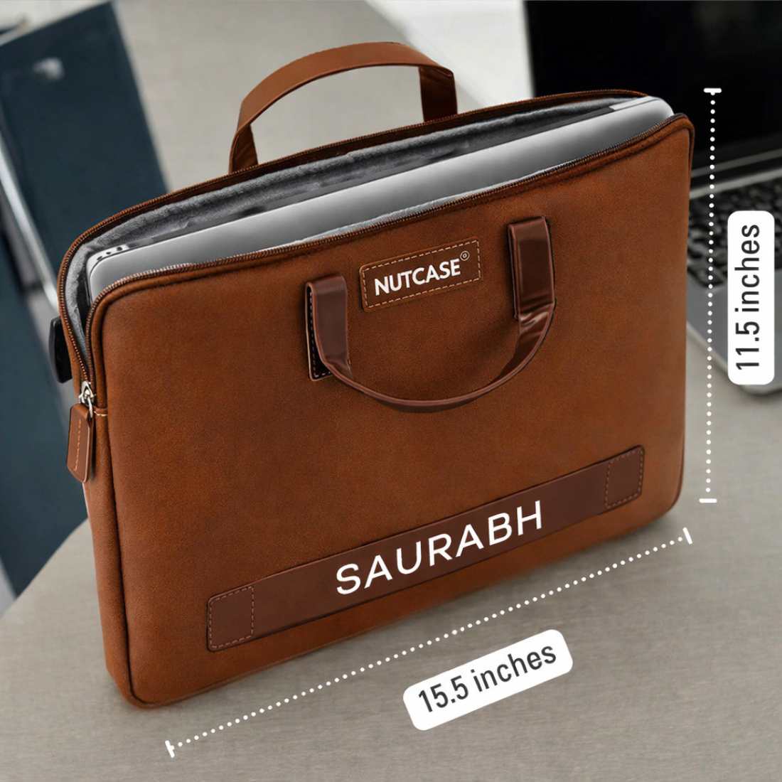 Custom Men’s Laptop Bag – Premium Brown Synthetic Leather Sleeve with Padded Compartment, Dual Handles & Zipper Closure | Fits Up to 15-inch Laptops - Image 4