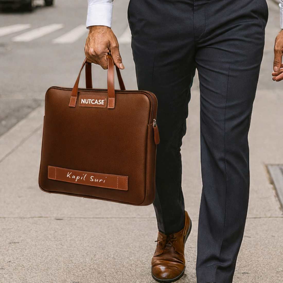 Custom Men’s Laptop Bag – Premium Brown Synthetic Leather Sleeve with Padded Compartment, Dual Handles & Zipper Closure | Fits Up to 15-inch Laptops - Image 5