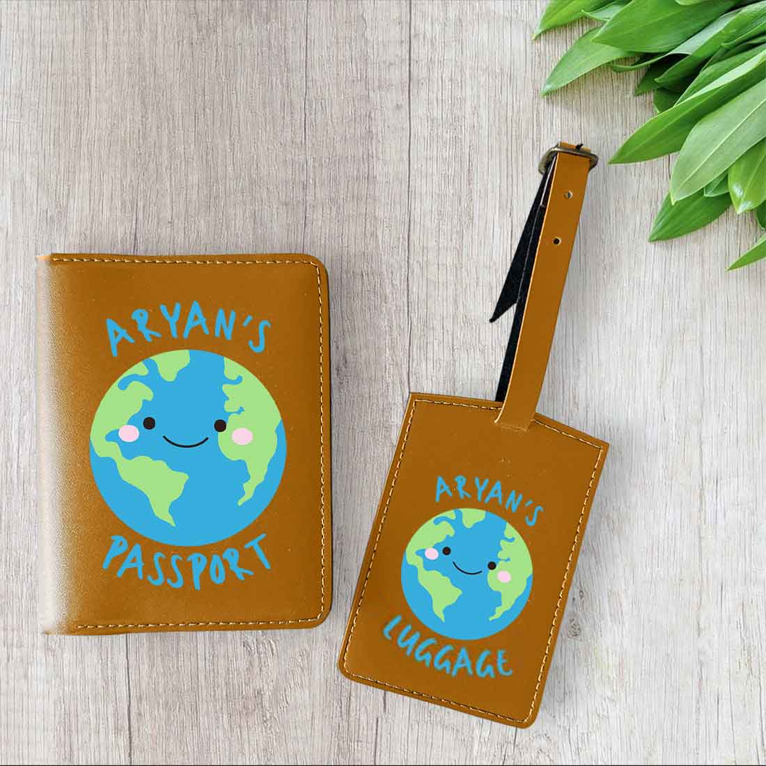 Custom Passport Case for Kids PU Leather Design Passport Cover and Luggage Tag Set - Earth - Image 2