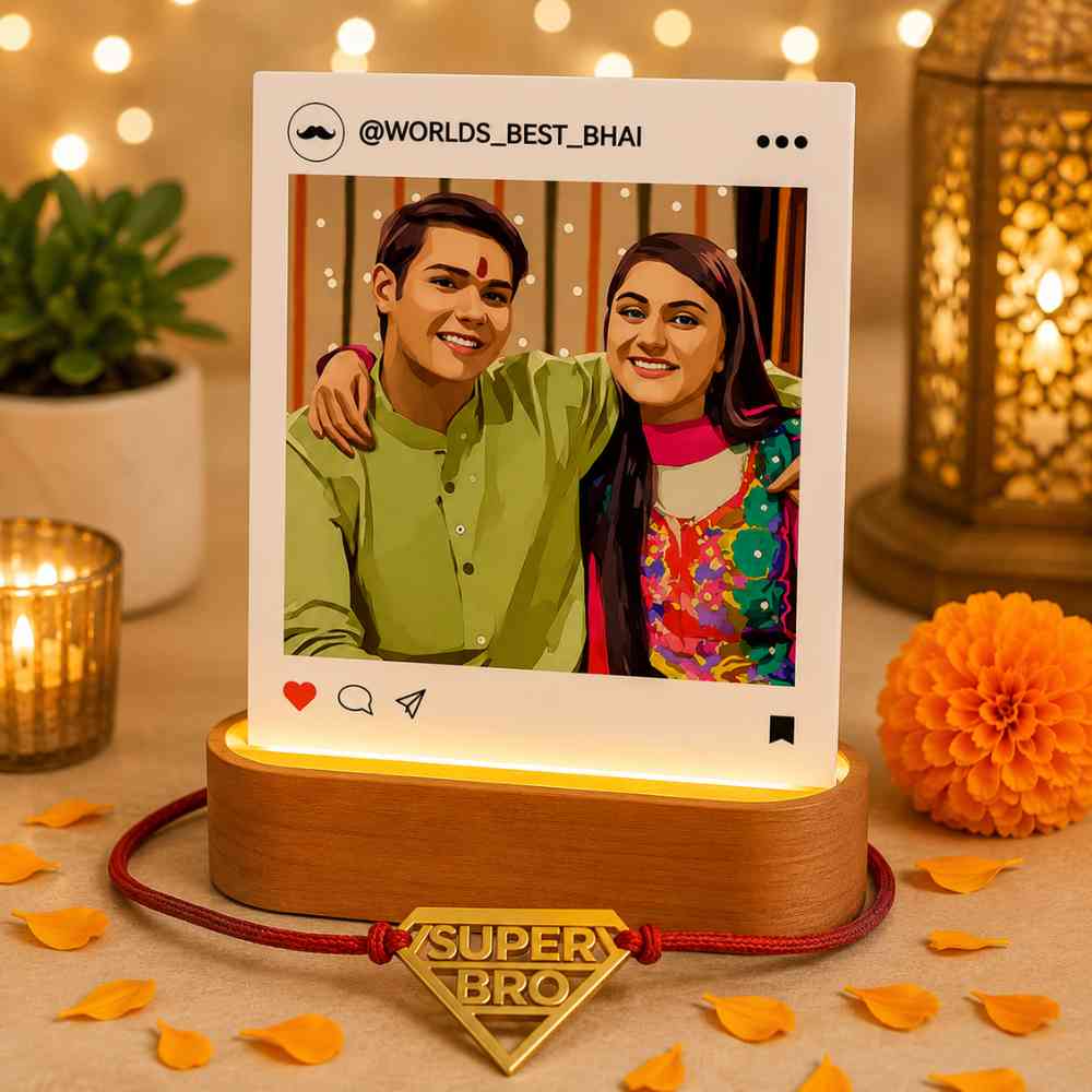 Custom Rakhi Gift Set for Brother – LED Photo Lamp & Super Bro / Photo Rakhi - Image 2