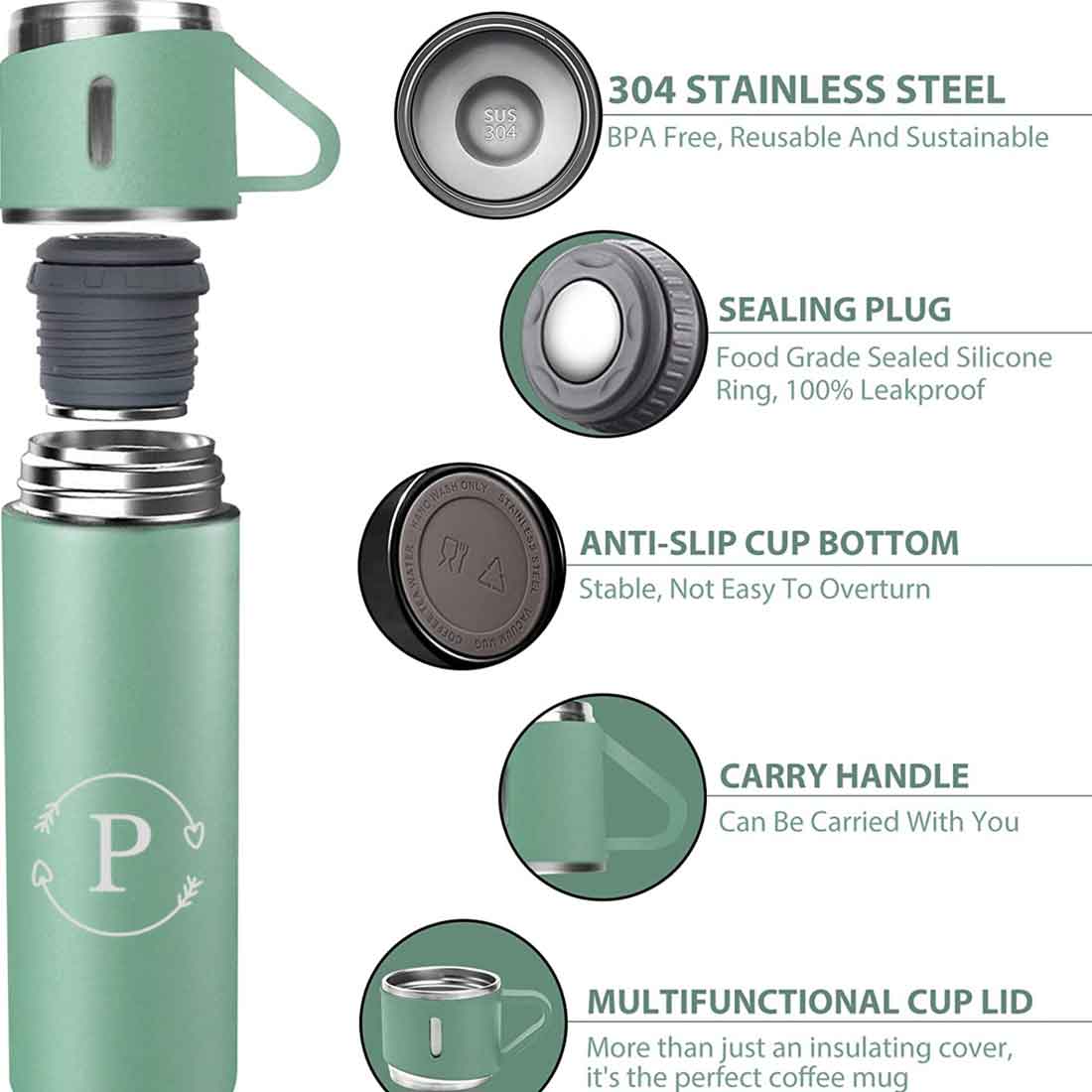 Custom Thermos Bottle With 2 Cup Set Travel Coffee Tea Mug Flask Gift Box - Image 14