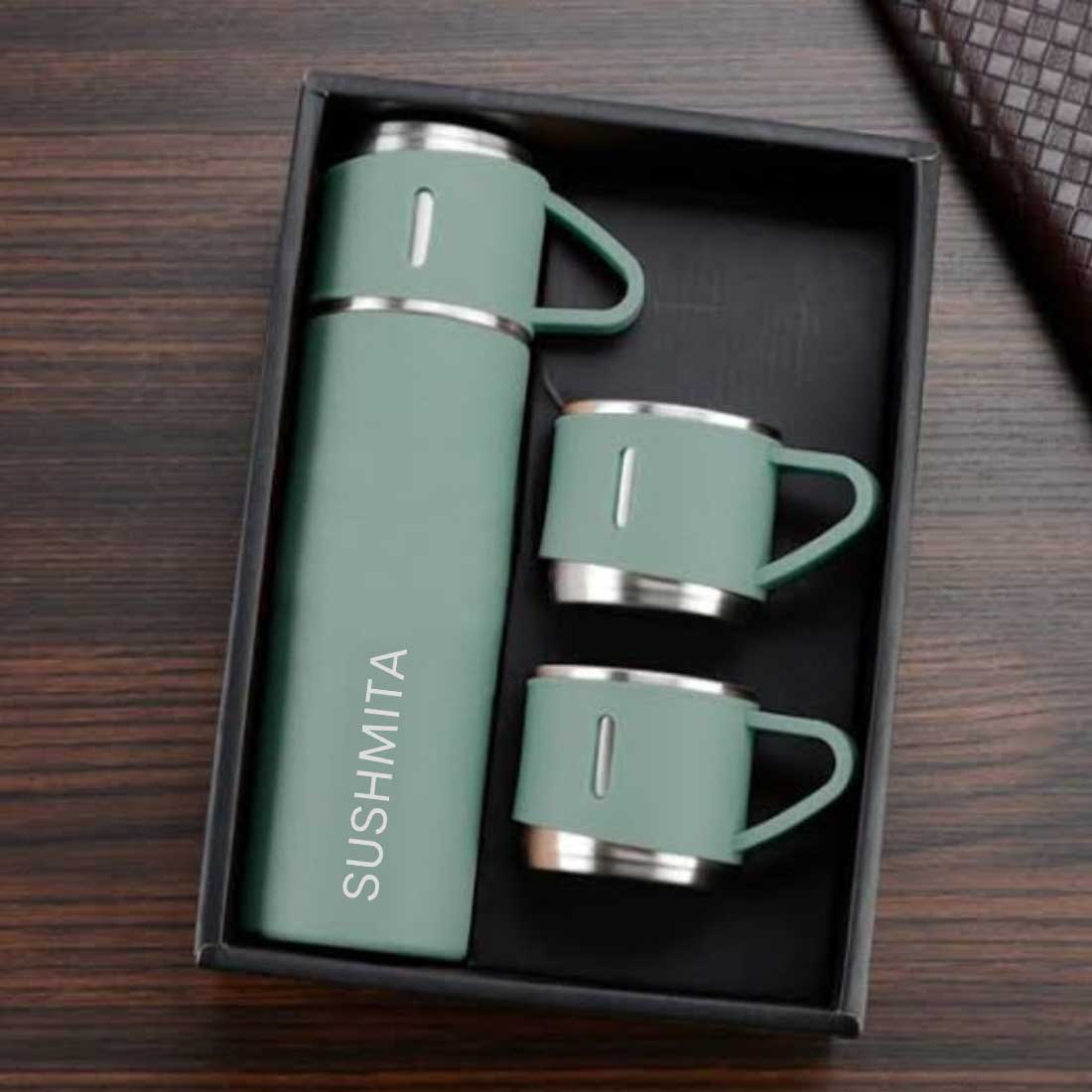 Custom Travel Mug Thermos With 2 Cups Gift Box Set - Add Name - Image 3
