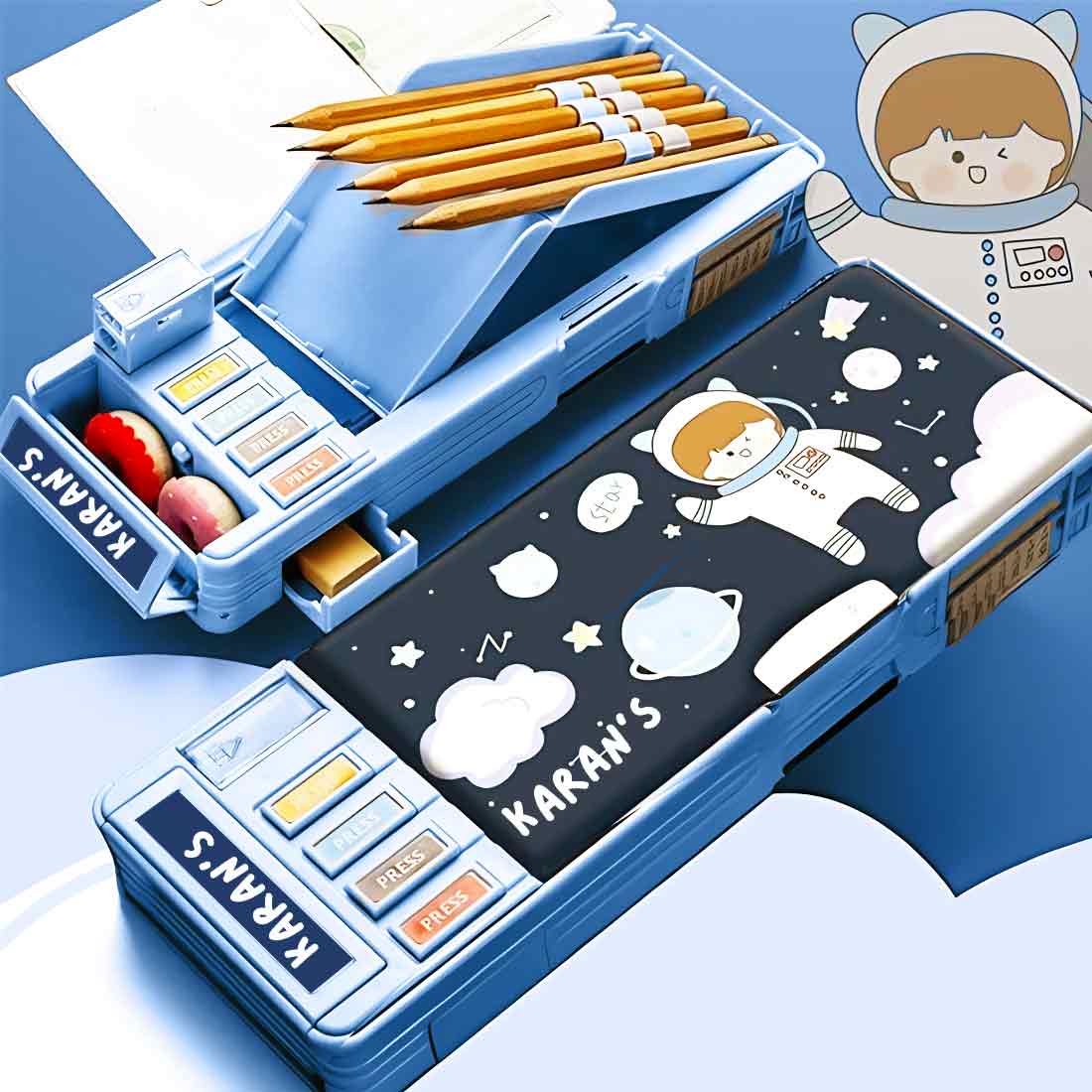 Customize Pencil Box with Name Switch Operated Multi-functional Compass Box for Kids with Press buttons - Image 10