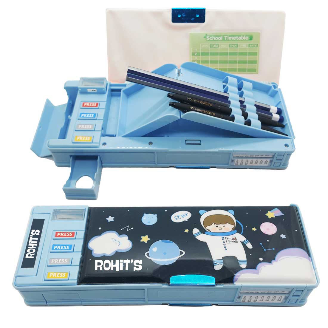 Customize Pencil Box with Name Switch Operated Multi-functional Compass Box for Kids with Press buttons - Image 15