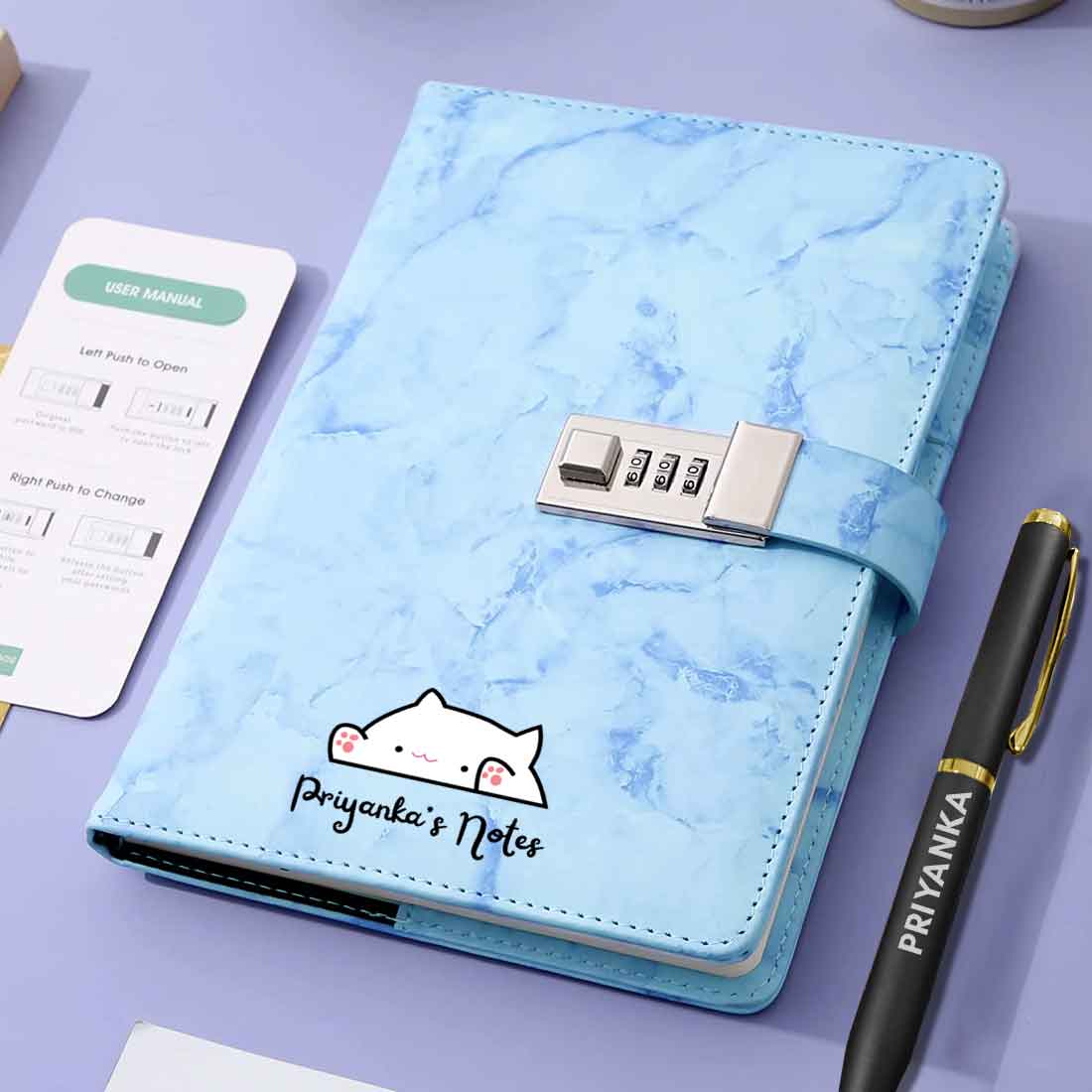 Customized Cute Diary with Lock - Marble Design Diaries with Pen - Image 2