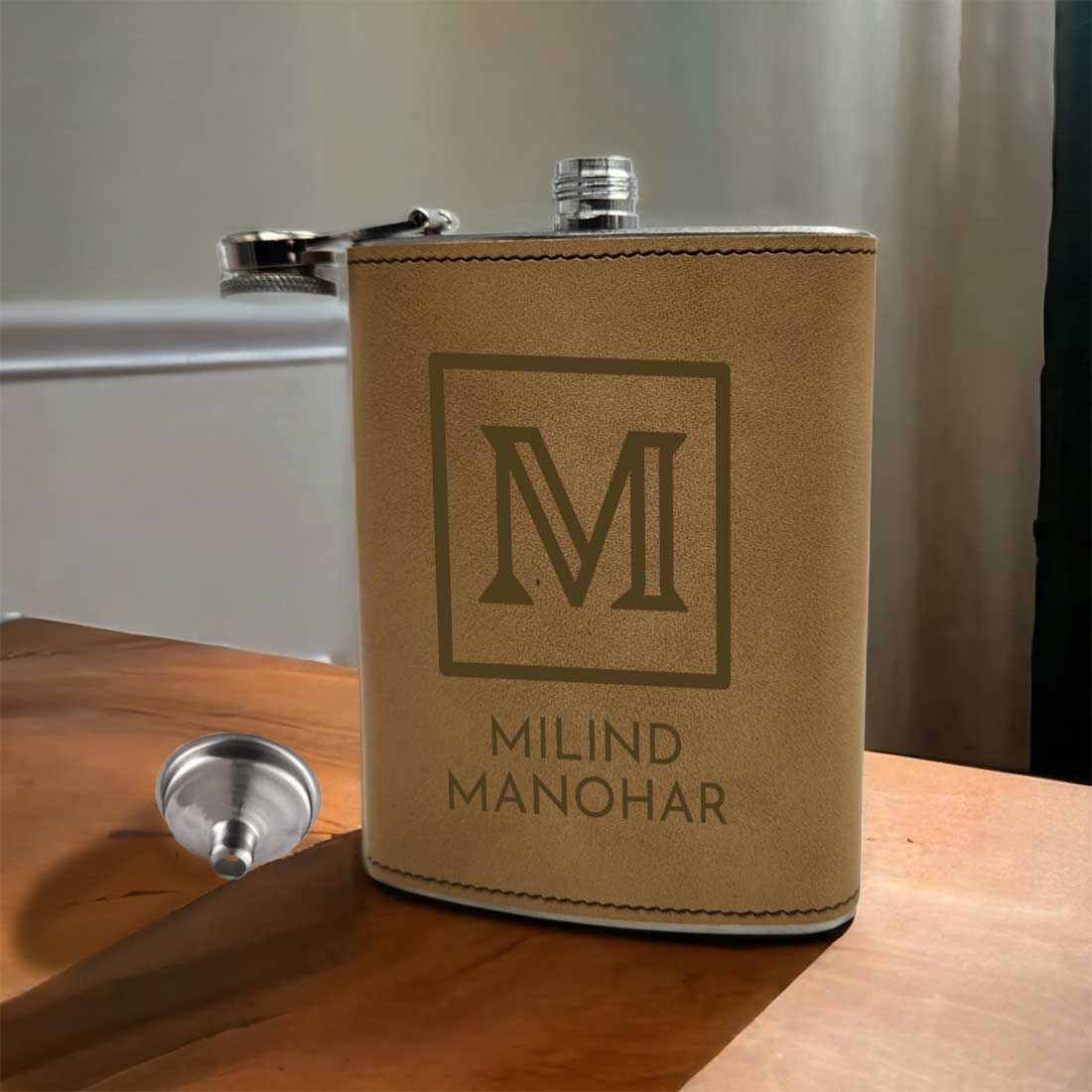 Customized Faux Leather Hip Flask With Funnel Gifts For Men - Monogram Name - Image 4
