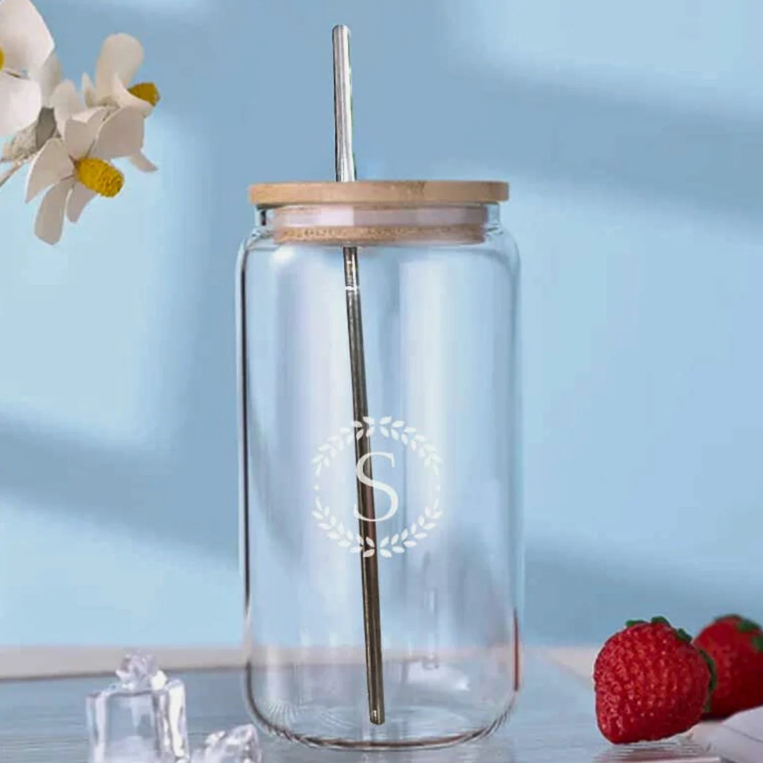 Nutcase Customized Glass Water Bottle with Straw and Bamboo Lid