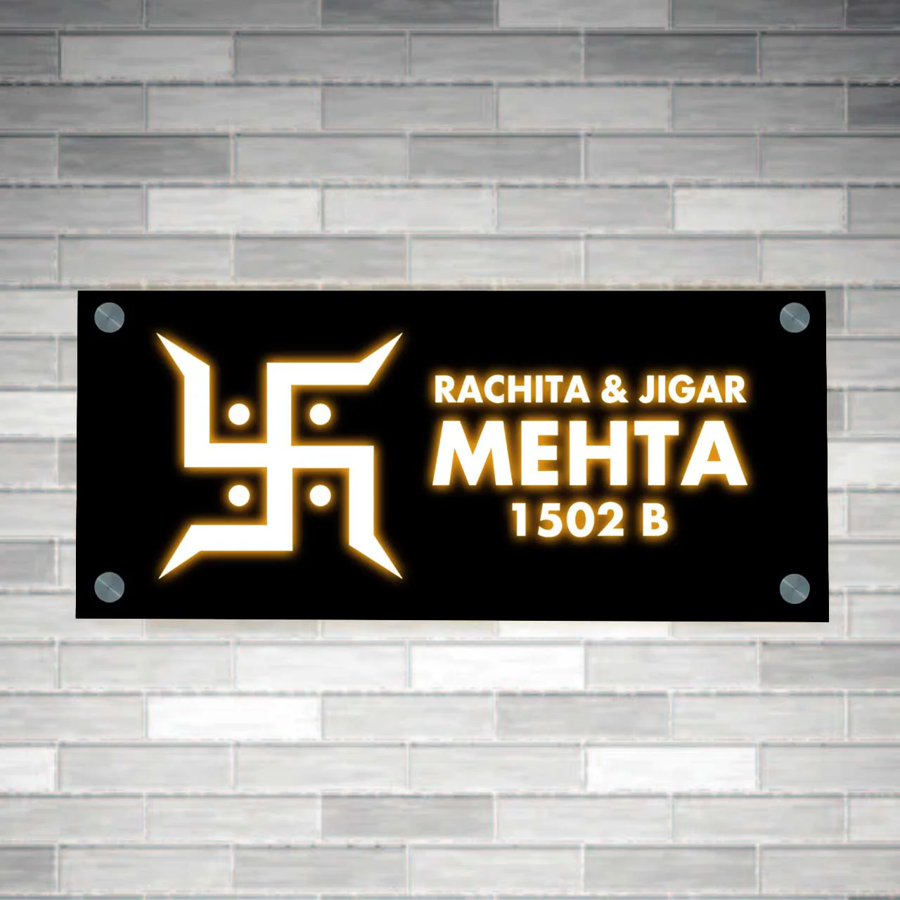 Customized Led Name Plates with Swastika - House Name Plate Design with 3D Raised Fonts