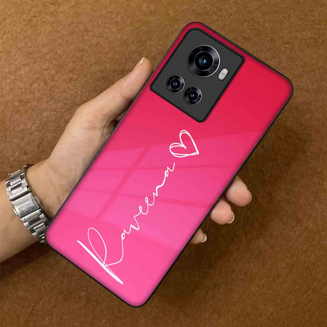 Customized Pink One plus 10R Back Cover With Signature Calligraphy Name - Image 3