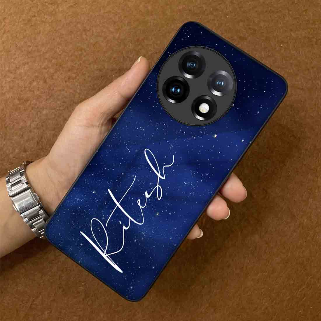 Customized One Plus 11 Cover Navy Blue Mobile Cover With Calligraphy Name - Stars - Image 3