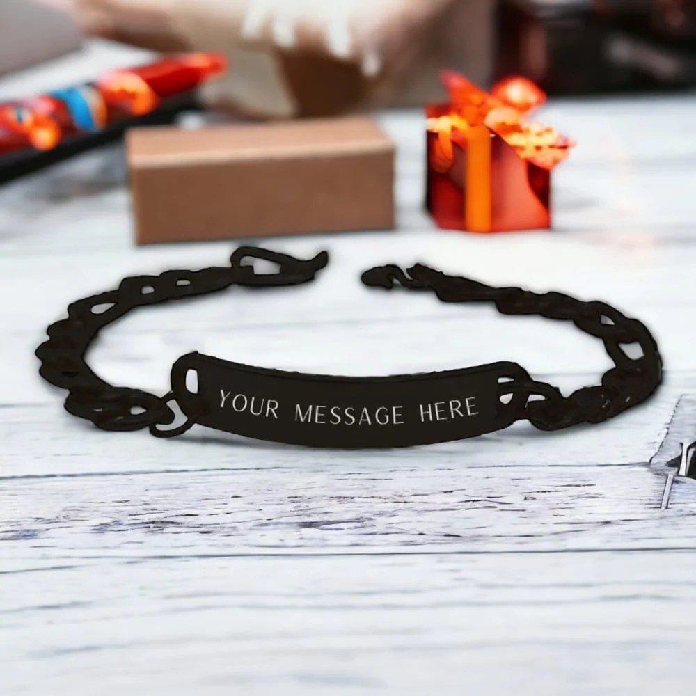Customized Rakhi Stylish Metal Custom Bracelet-Black Rhodium/Gold Plated - Add Your Message - Image 2
