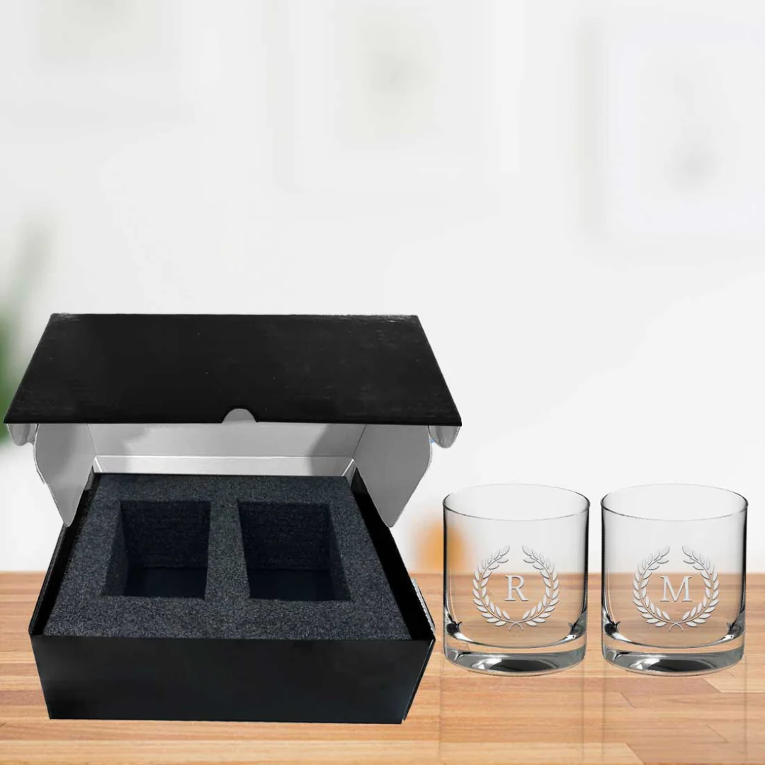 Custom Whiskey Glass Set with Monogram in a Black Gift Box - Image 2