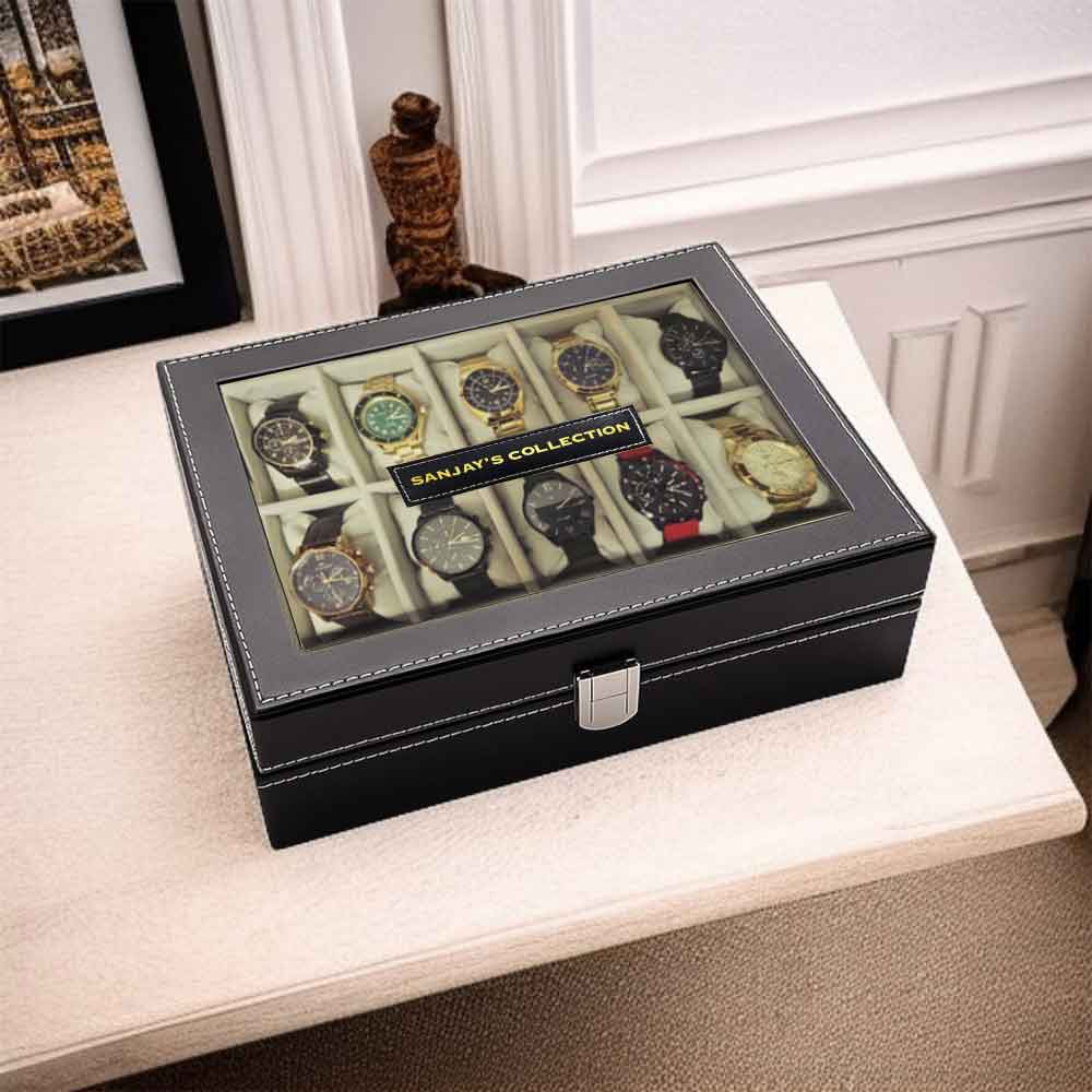 Customized Wrist Watch Case with 10 Slot Faux Leather Watch Organizer Box with Glass Lid - Image 3
