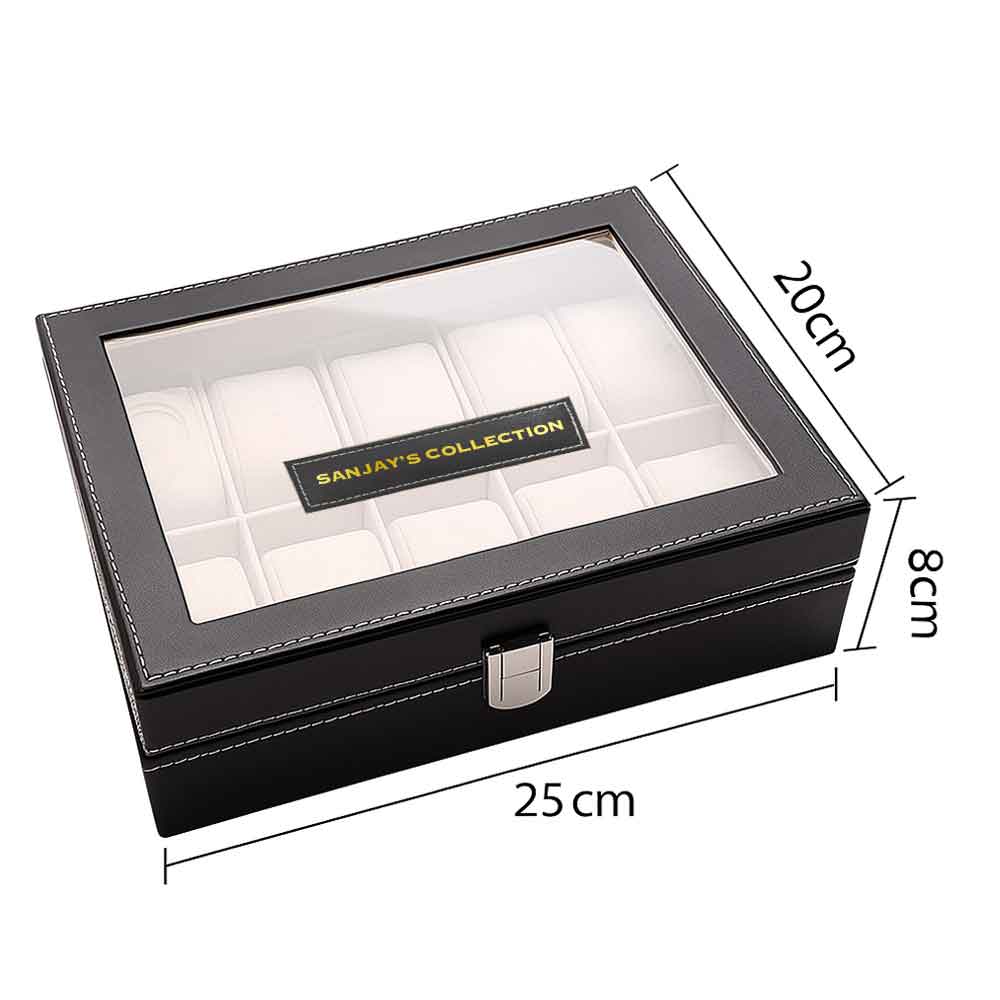 Customized Wrist Watch Case with 10 Slot Faux Leather Watch Organizer Box with Glass Lid - Image 4