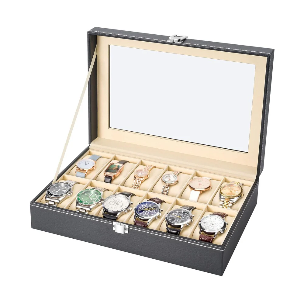 Customized Wrist Watch Case with 10 Slot Faux Leather Watch Organizer Box with Glass Lid - Image 5