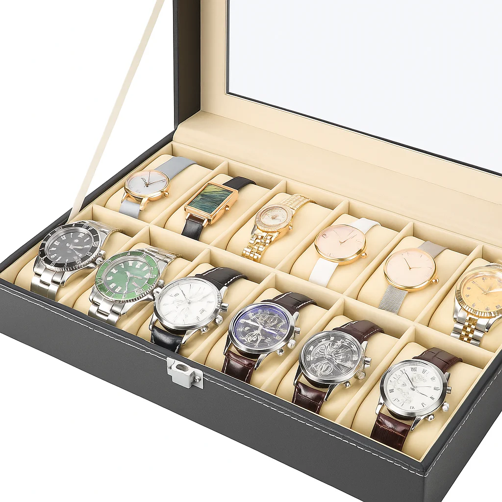 Customized Wrist Watch Case with 10 Slot Faux Leather Watch Organizer Box with Glass Lid - Image 6