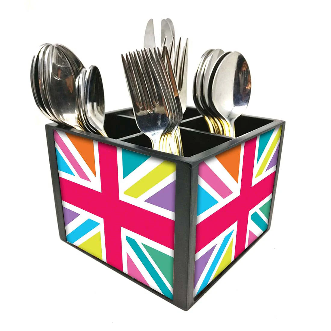Multicolor Union Jack British Flag Cutlery Holder Stand Silverware Caddy Organizer for Spoons, Forks & Knives-Made of Pinewood - Image 2