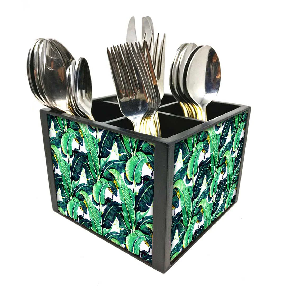 Designer Black Cutlery Holder for Spoons, Forks & Knives - Banana Leaves - Image 2