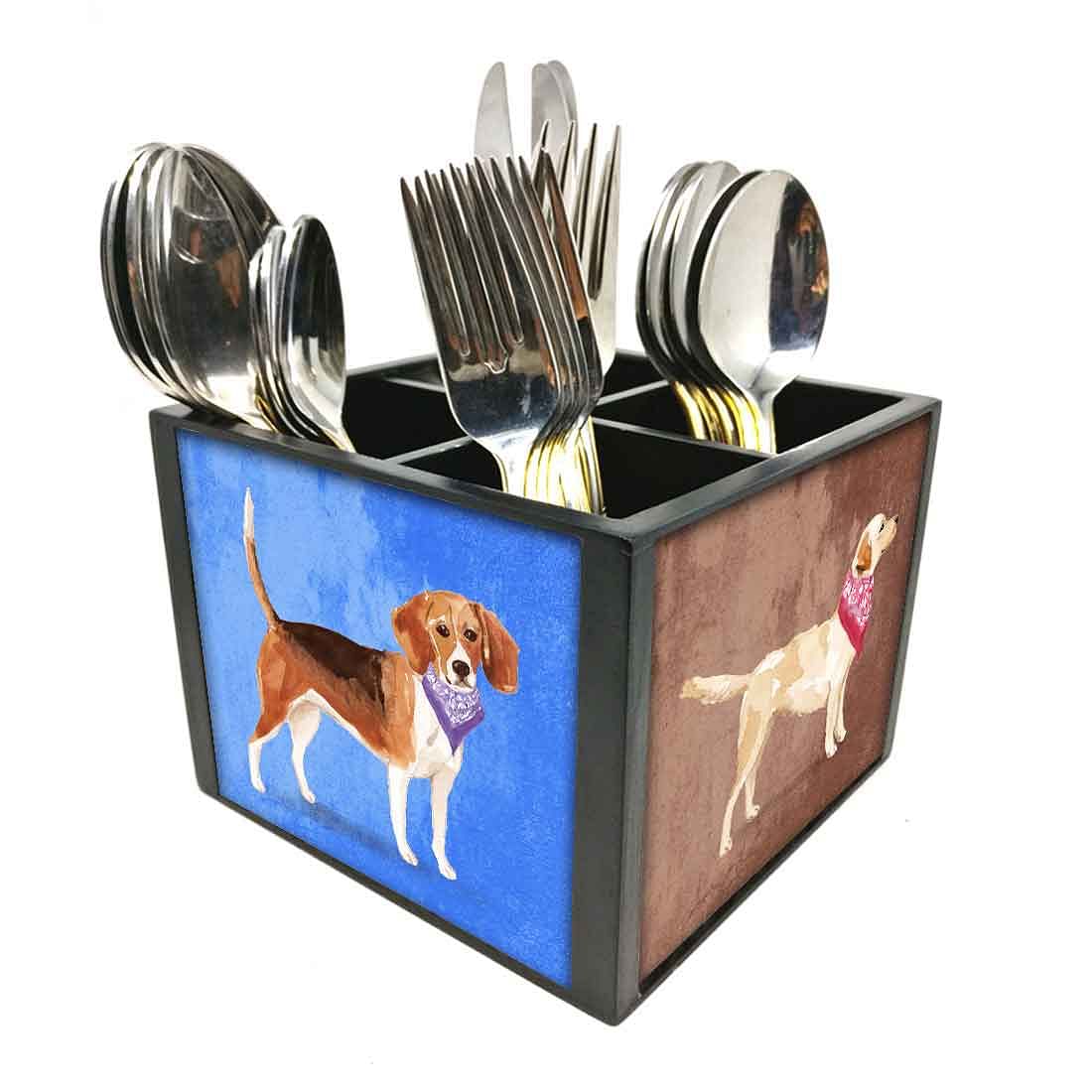 Wooden Cutlery Stand Holder for Spoon & Knives Rack - Cute Smart Dogs