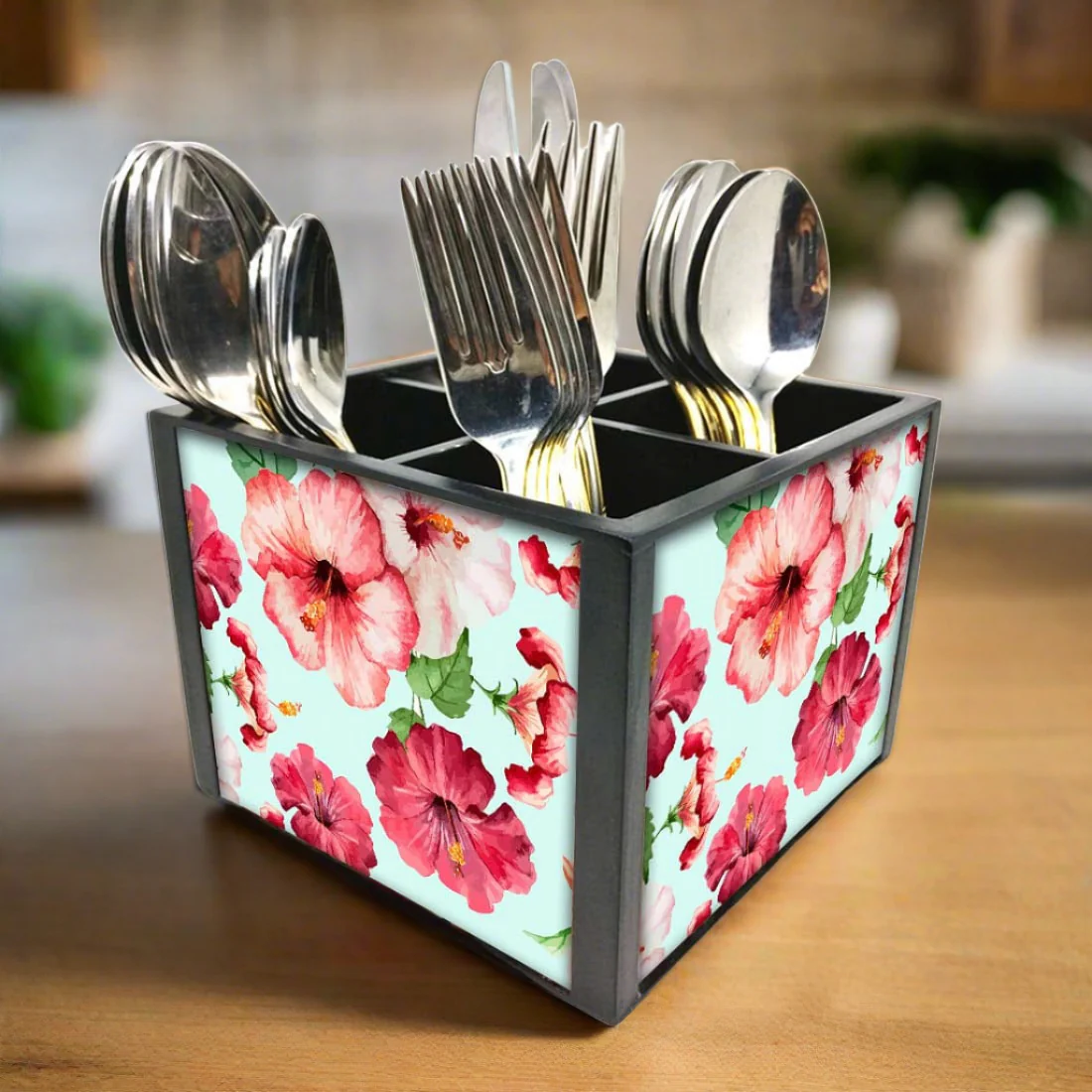 Hibiscus With White BackgroundCutlery Holder Stand Silverware Caddy Organizer