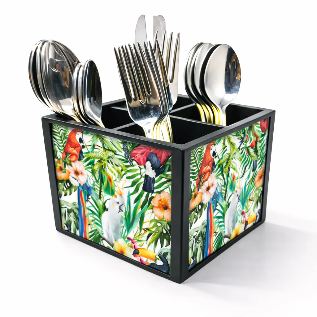 Parrot With LeavesCutlery Holder Stand Silverware Caddy Organizer - Image 2