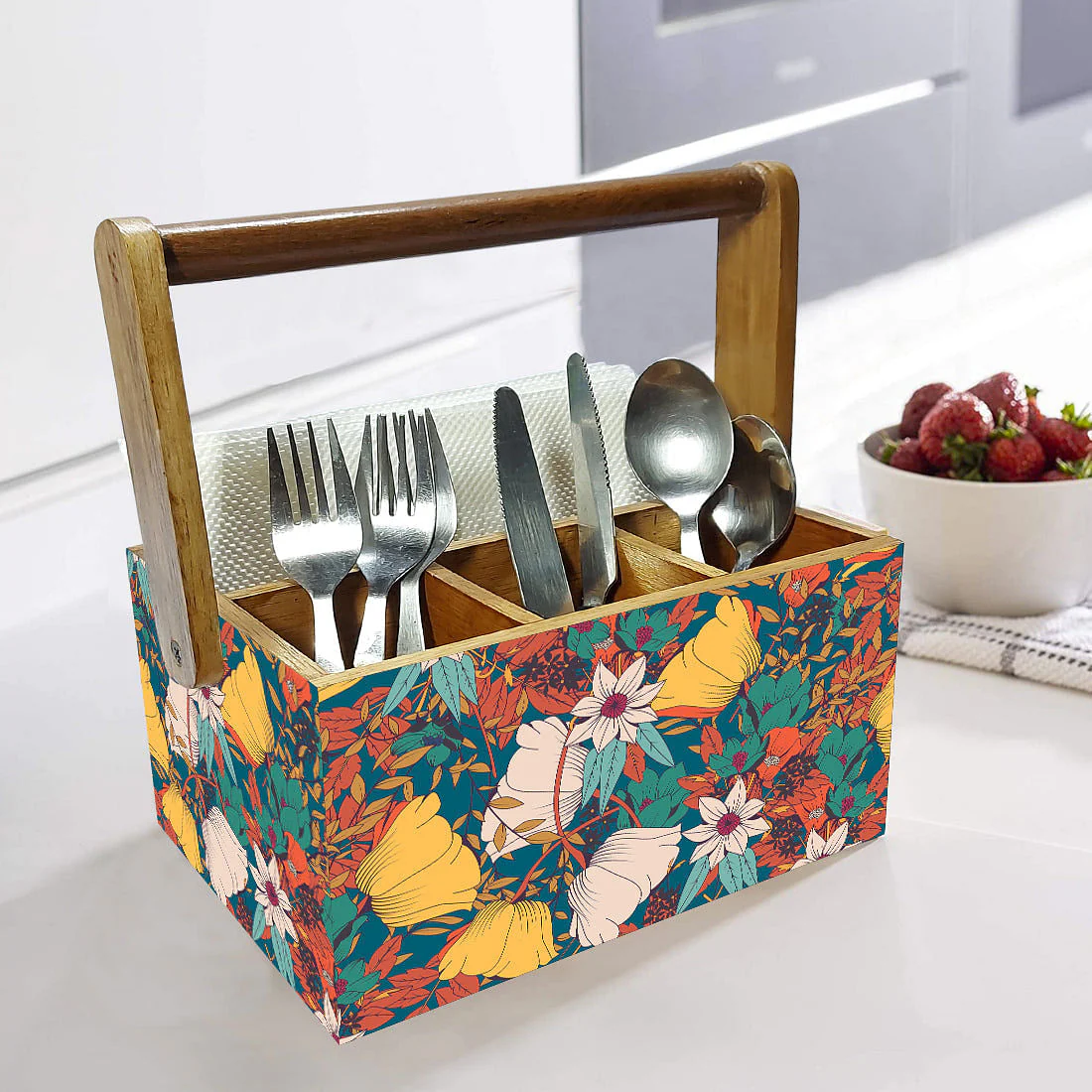 Wooden Spoon Stand Cutlery Holder with handle For Dining Table - Yellow Elegance - Image 2