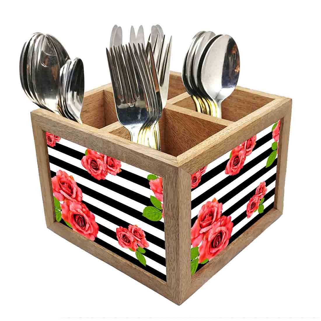 Spoon Fork Stand Cutlery Holder for Kitchen - Red Flowers