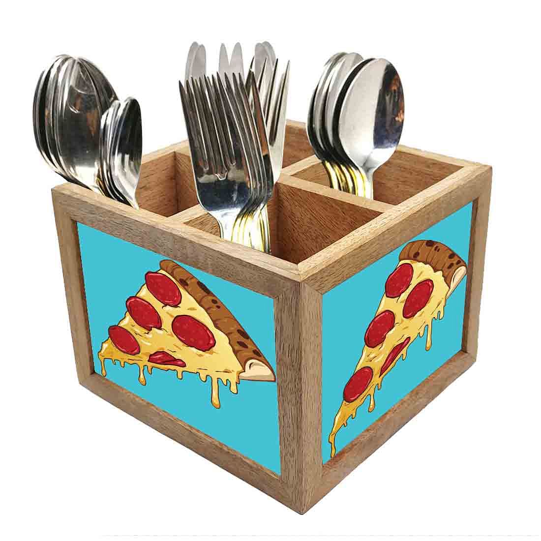 Natural Wooden Cutlery Stand for Dining Table Organizer - Pizza